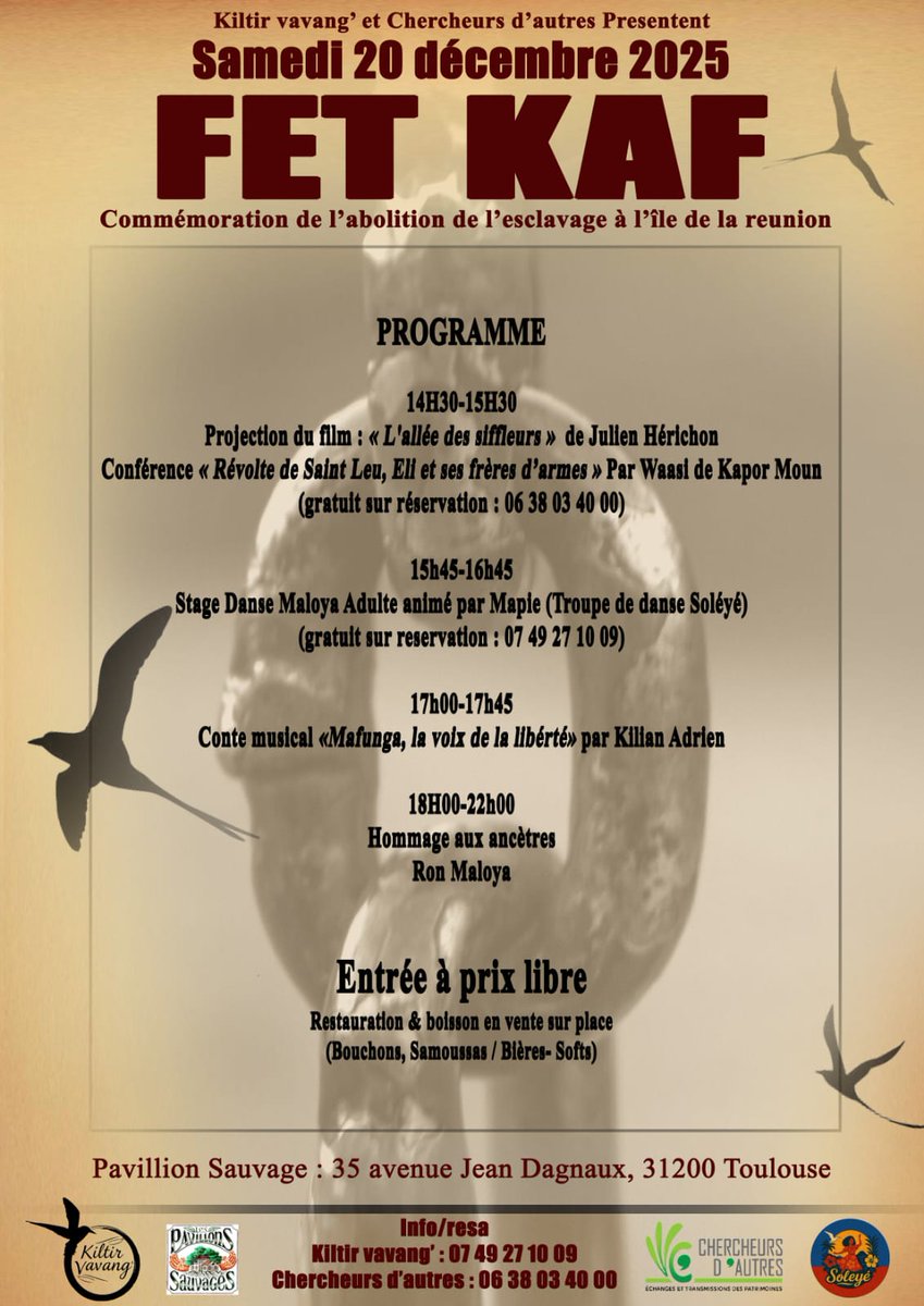 🎉 FET KAF à Toulouse - Samedi 20 Désanm

Journée de commémoration de l’abolition de l’esclavage à La Réunion

🎬 14h30 • Film
🗣️ 15h • Conférence
💃 14h45 • Stage de danse
🎶 17h • Conte musical
🌀 18h • Ron Maloya

Plus d'infos : urls.fr/BSDFbX

Zot lé invités !