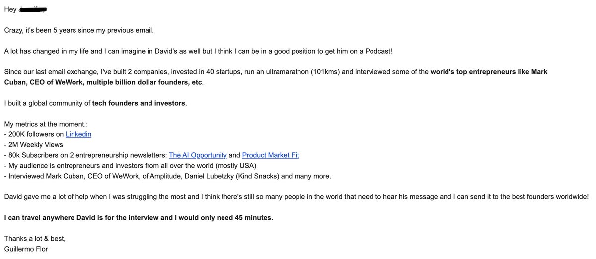 I just found an email I sent to <a href="/davidgoggins/">David Goggins</a> to interview him back in 2020, just as I had quit my job as a lawyer and was starting a podcast at the time to try meet the people i admired the most

Actually, his wife answered me, but I didn't have any platform and obviously didn't