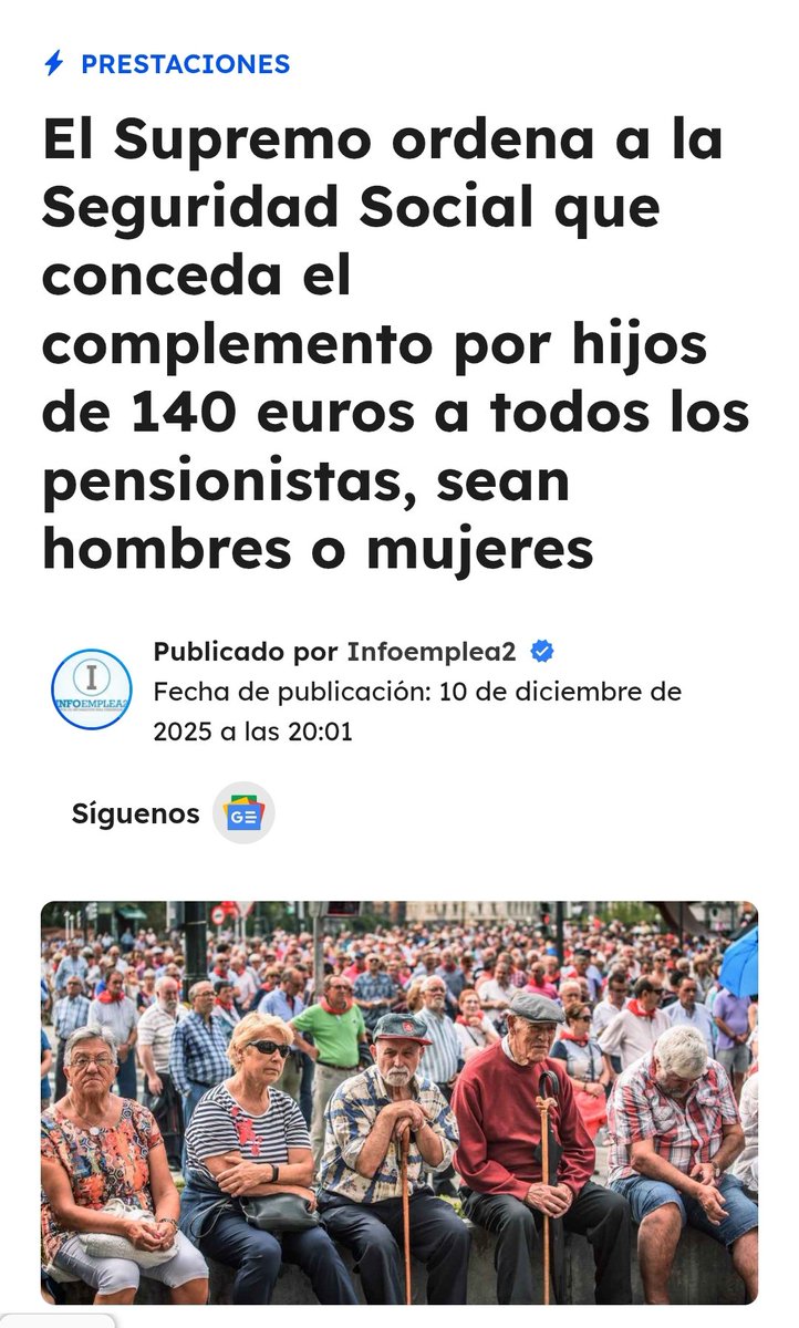 CSIF informa:
El Supremo ordena a la Seguridad Social que conceda el complemento por hijos de 140 euros a todos los pensionistas, sean hombres o mujeres infoemplea2.com/el-supremo-ord…