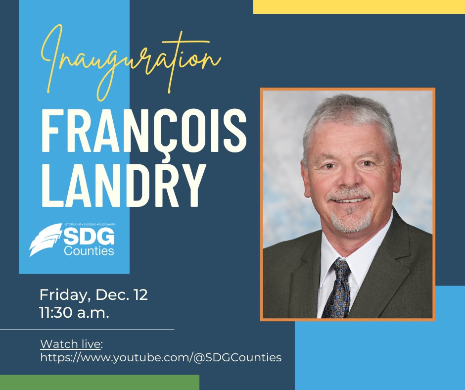 WARDEN'S INAUGURATION

Warden-elect François Landry will be inaugurated as the 2026 Warden of SDG Counties at a special ceremony Friday, Dec. 12 at 11:30 a.m.

You can watch the proceedings live on YouTube: youtube.com/@SDGCounties