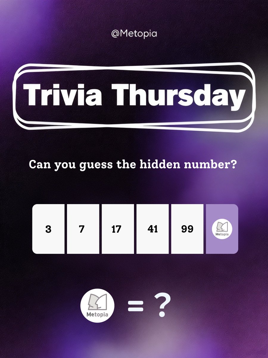 Metopia_xyz's tweet photo. #MetopiaTriviaThursday: Guess the number π
Can you crack the hidden number behind Metopia π§Follow the sequence and spot it!
To enter:
1οΈβ£ Follow @Metopia_xyz
2οΈβ£ Like + RT + Tag 2 friends
3οΈβ£ Comment your answer
π 1000 $DEGEN + 10 XP
β° One lucky winner announced next Monday.