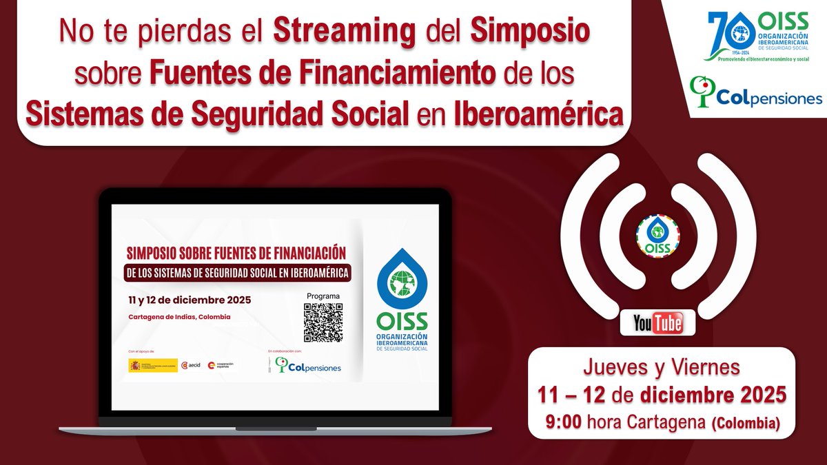 🎥 #TransmisiónOISS | Iniciamos el Simposio Iberoamericano sobre Fuentes de Financiación de los Sistemas de #SeguridadSocial, que se desarrolla desde Cartagena de Indias 🇨🇴 con la participación de instituciones de 7️⃣ países de la región 🇦🇷🇨🇱🇨🇴🇸🇻🇬🇹🇵🇹🇩🇴

⏯️ acortar.link/qfpsOz