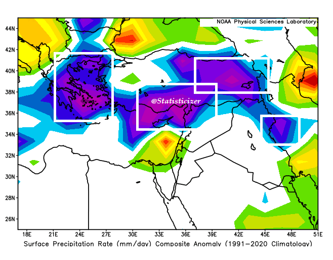 Statisticizer's tweet photo. ⚠️🌧️ مخاطر السيول – الثلث الثاني من ديسمبر (13–20 ديسمبر)

تشير خرائط معدل الهطول السطحي إلى وجود بؤر أرجوانية وزهرية ذات دلالة على فرص مرتفعة لحدوث سيول وجريان مياه مفاجئ خلال الفترة 13–20 ديسمبر.
هذه المناطق تتوزع عبر:
أجزاء من #العراق

شمال وشرق #السعودية

#الكويت
غرب #ايران
شمال غرب #سوريا

شرق ووسط وجنوب وغرب #تركيا

في الخرائط المرفقة:

اللون الأزرق🔵 = فرص هطول مطري فوق المعدل

اللون الزهري/الأرجواني🟣 = مؤشرات قوية على سيول محتملة وقد تصل لدرجة خطر مدني في بعض البؤر

🔹 ملاحظة مهمة:

شهد هذا الأسبوع وقوع وفيات في الأردن والعراق و ربما السعودية نتيجة السيول المفاجئة، بعد أن تجاوزت كميات الأمطار الفعلية ما توقعته النماذج الرقمية .
لذلك فإن رفع مستوى الوعي والإنذار المبكر أمر ضروري لتفادي خسائر جديدة—رحم الله المتوفين وحفظ الجميع.

🔸 رجاءً مشاركة النشرة
هدف التحذير هو تنبيه الأهالي والسلطات في تلك المناطق لاتخاذ الاحتياطات اللازمة خلال الفترة الحرجة القادمة  فيما ثبتت تلك السيول كتوقعات. والله أعلم

@hZmgScKGm9ioOMm