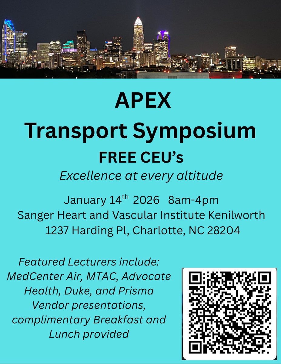 🚁 𝐀𝐏𝐄𝐗 𝐓𝐫𝐚𝐧𝐬𝐩𝐨𝐫𝐭 𝐒𝐲𝐦𝐩𝐨𝐬𝐢𝐮𝐦 — 𝐑𝐞𝐠𝐢𝐬𝐭𝐫𝐚𝐭𝐢𝐨𝐧 𝐍𝐨𝐰 𝐎𝐩𝐞𝐧!

FREE CEUs • Breakfast + Lunch • Vendor Showcase
📅 Jan 14, 2026 | Charlotte, NC
Featuring MedCenter Air, MTAC, Advocate Health, Duke &amp; Prisma.
🔗 Register:forms.office.com/r/SG0UJYKUyf