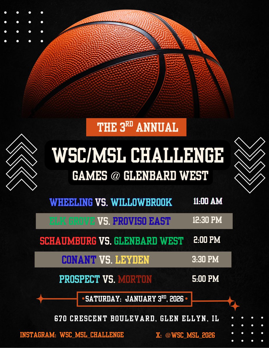 Game times for the WSC/MSL Challenge on 1/3 at Glenbard West. <a href="/michaelsobrien/">Michael O'Brien</a> <a href="/joehoopsreport/">Joe Henricksen</a> <a href="/Dion_JTsports/">Dion (J & T Sports)</a> <a href="/Quags57/">Dick Quagliano</a> <a href="/NestoHoops/">Aaron Britton</a> <a href="/Sports4Illinois/">Illinois Sports Updates</a> <a href="/dhpreps/">Daily Herald Preps</a> <a href="/ILLHoopsScoops/">ILLHoopsScoops</a>