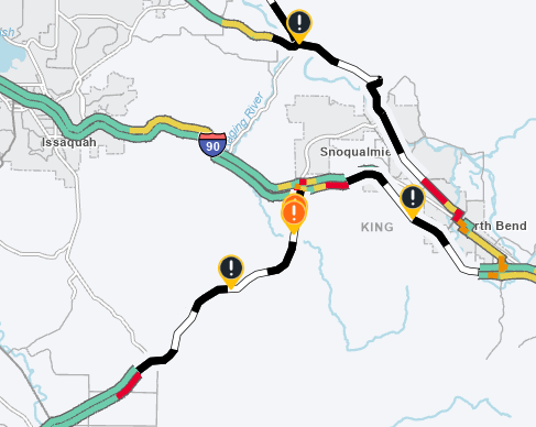 wsdot_traffic's tweet image. CLOSURE ALERT: SR 18 is closed in both directions from the SR 18 / I-90 interchange (MP 28) to Issaquah Hobart Rd SE (MP 20). 

I-90 also remains closed from Snoqualmie to North Bend. 

Geotech crews are onsite. Be safe. Do not bypass road closed signs.