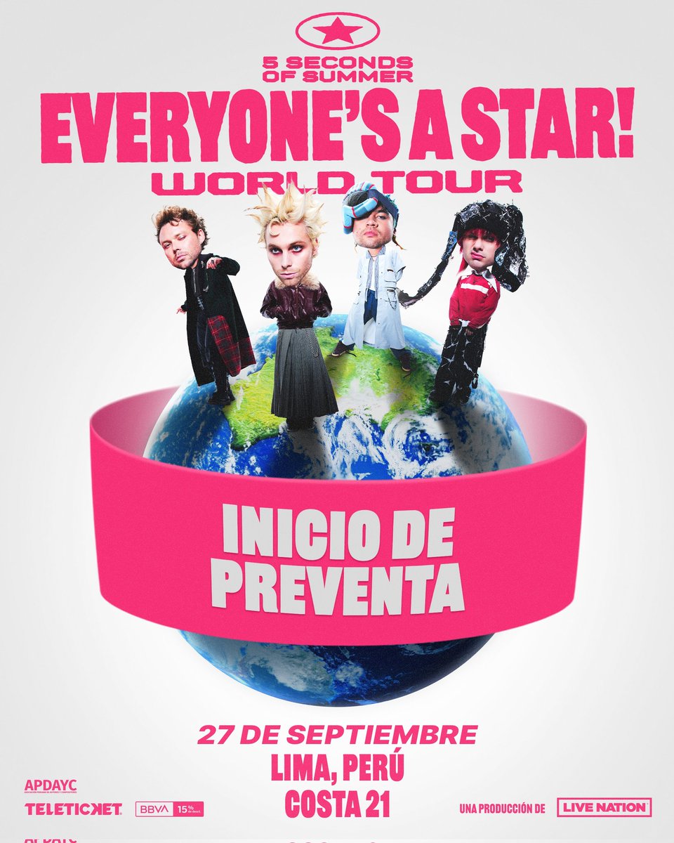 ❤️‍🔥🎙️🎸 Preventa <a href="/bbva_peru/">BBVA en Perú</a> disponible 🎟️. <a href="/5SOS/">5 Seconds of Summer</a> llega este 27 de septiembre a Costa 21 con su tour mundial “Everyone’s a Star”.

🎟️ Asegura tus entradas con 15% dscto usando tarjetas BBVA en <a href="/teleticketperu/">Teleticket</a>: teleticket.com.pe/5sos
