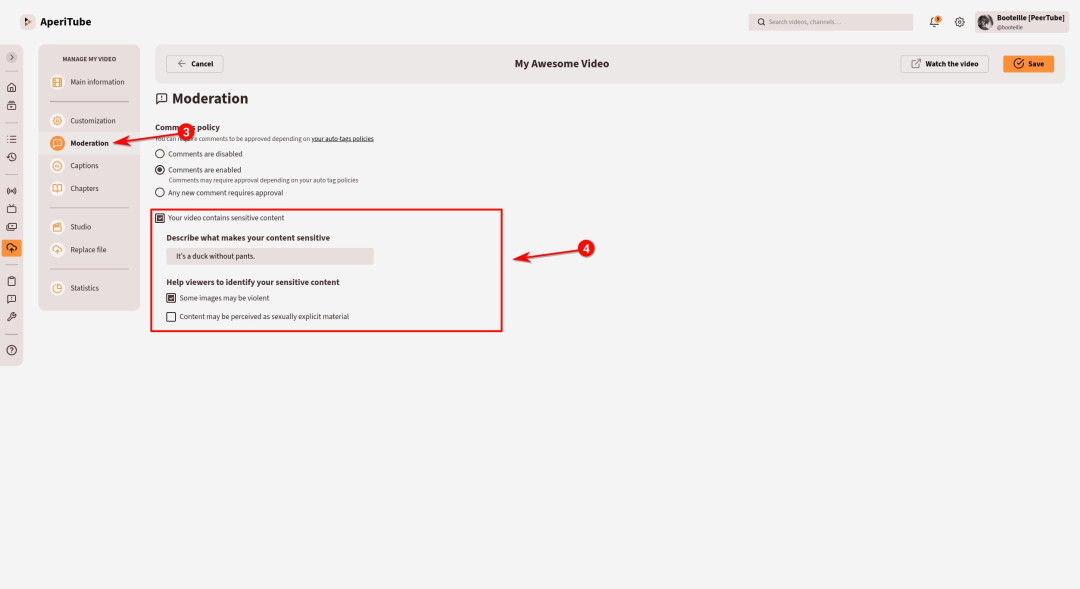 joinpeertube's tweet image. In #PeerTube, you can clearly explain why your content is marked as sensitive.

You can indicate whether your content is sexually explicit or violent and even describe its content in a note shown to the viewer!

#PeerTubeTIpOfTheWeek