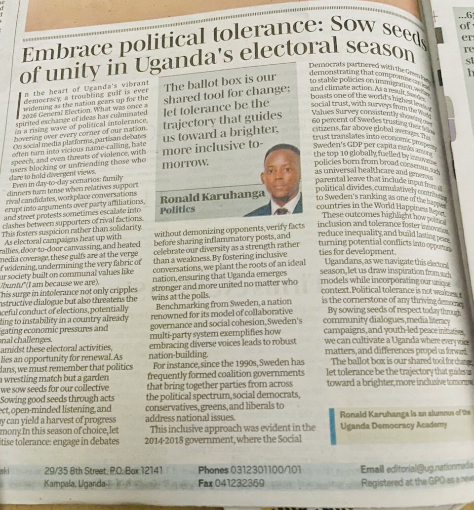 RonKaruhanga's tweet photo. As we gear up for elections, heed the gospel of political tolerance

"Without demonizing opponents, verify facts before sharing inflammatory posts." 

Let's cultivate a media-literate, youth-led peace initiative, turn differences into drivers of innovation.

Thanks @DailyMonitor https://t.co/zrIUVY5BiQ
