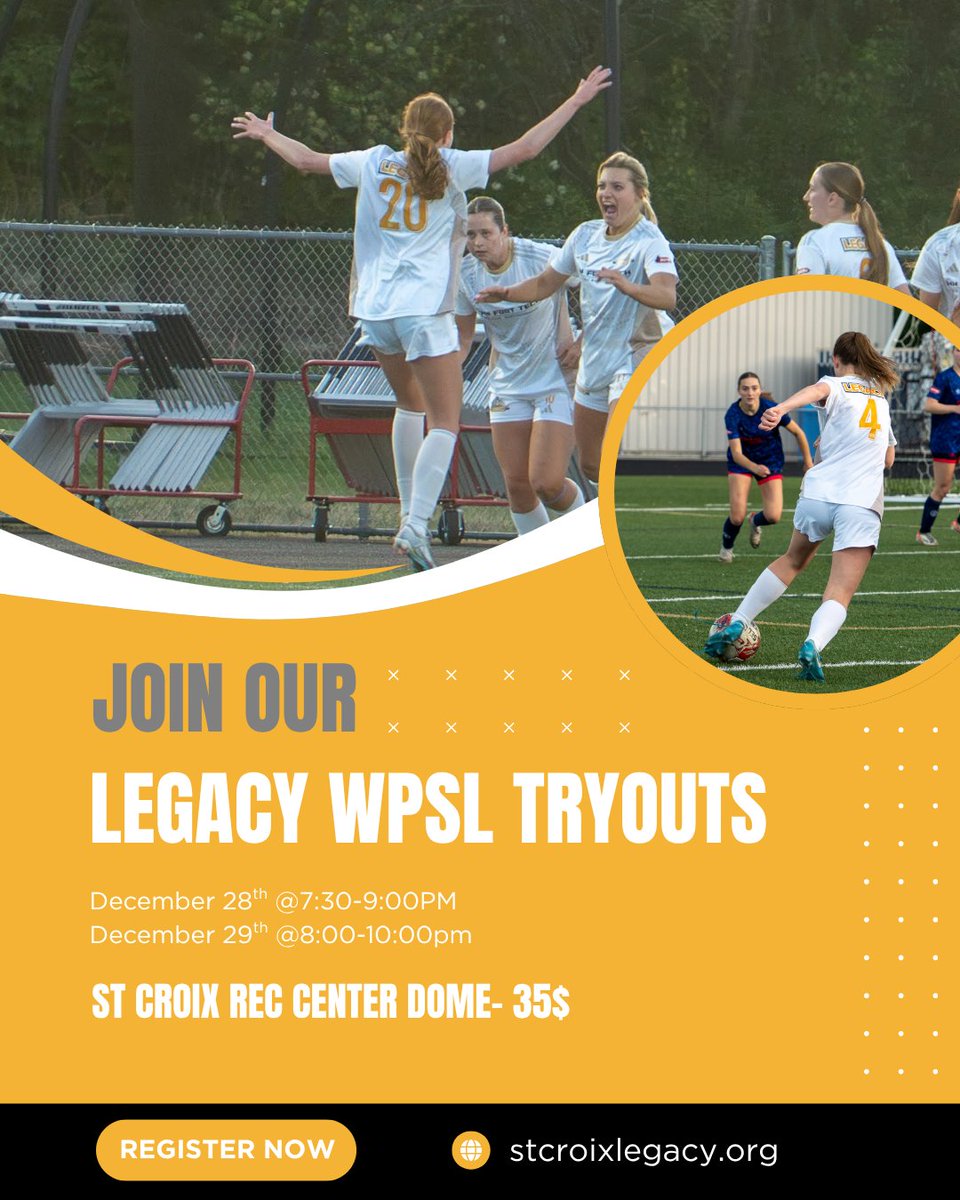Its the month of WPSL Legacy Tryouts! Come join the combine and see if you have what it takes to be part of the Legacy! Tryouts are December 28th from 7:30 to 9:00pm and December 29th from 8:00-10:00pm. Registration is $35.

#WPSL
#StCroixLegacy
@stcroix_soccer
