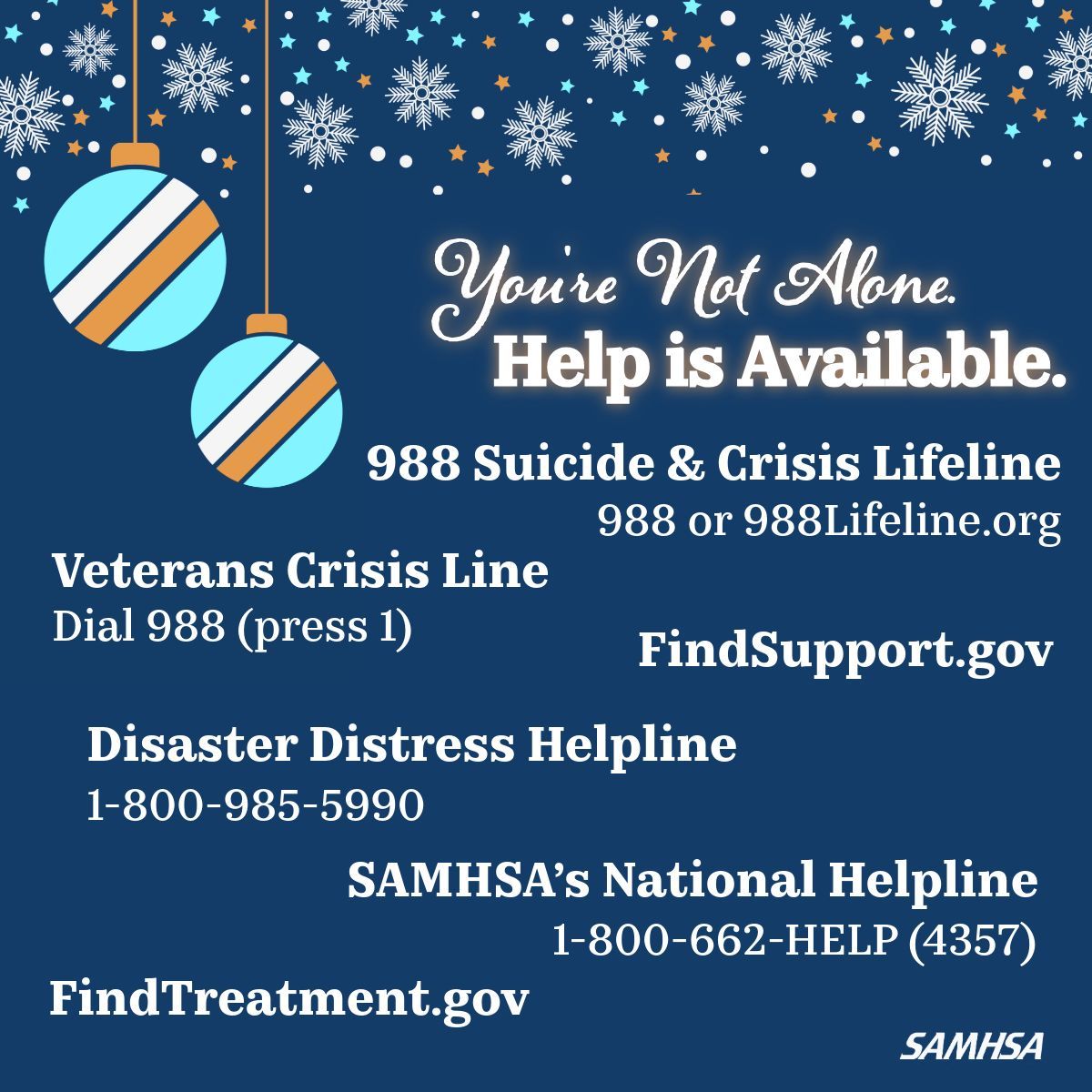 This time of year can be especially challenging for those in recovery. Spread support and compassion and remember—you are not alone. SAMHSA offers resources for alcohol and substance misuse at samhsa.gov/find-help <a href="/samhsagov/">SAMHSA</a>