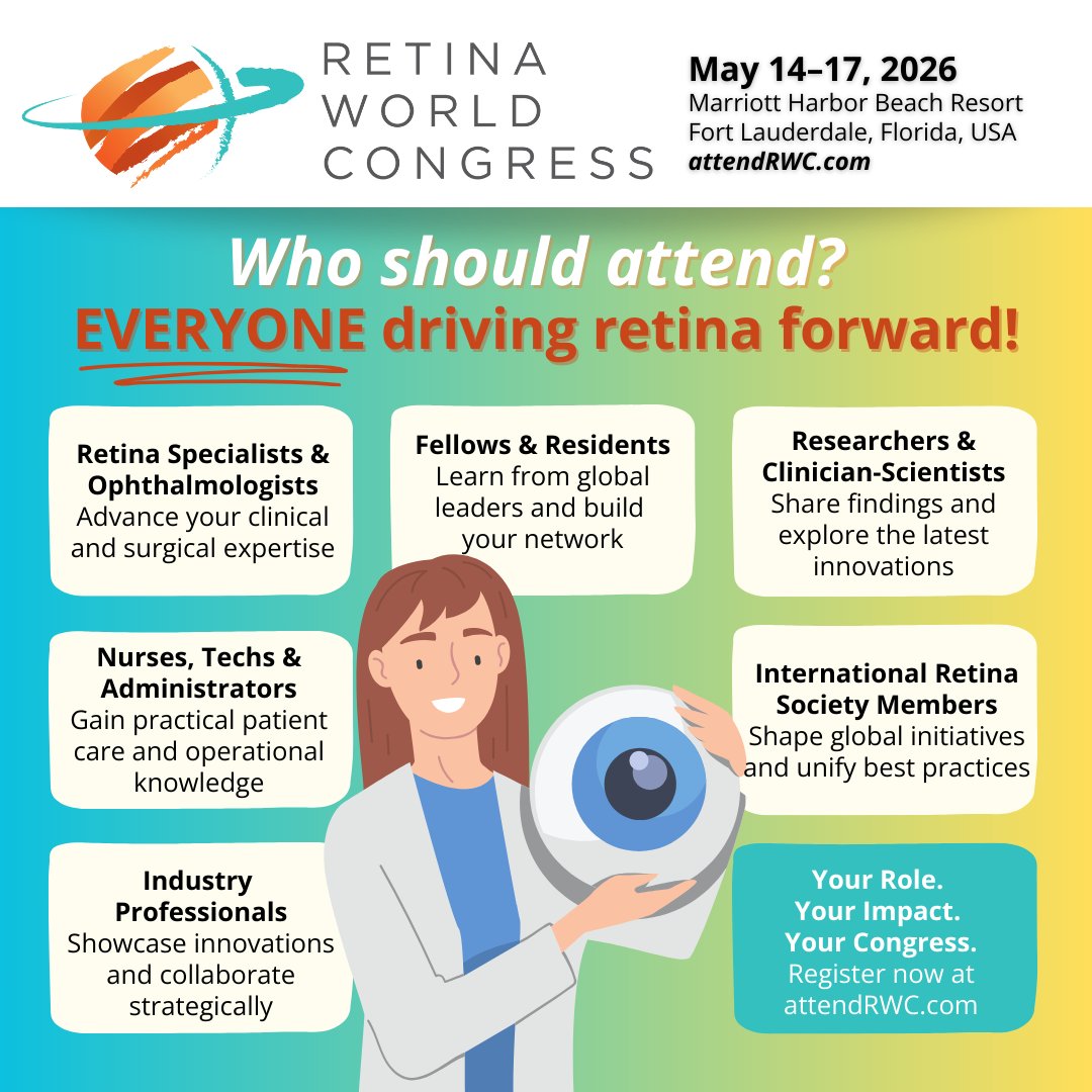 Let's drive retina forward, together!

#RetinaWorldCongress brings together the full spectrum of the retina community—from specialists and researchers to fellows, residents, nurses and industry innovators. Whether you’re advancing clinical practice, pioneering research, or