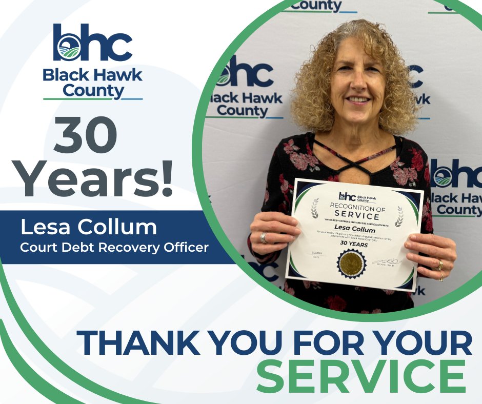 🎉 Congratulations Lesa Collum! 

This month, the BHC Board of Supervisors recognized Lesa for 30 years of service in our County Attorney’s Office. Thank you, Lesa,  for your dedication to our county!👏 
 
#WeLoveOurStaff #Work #BlackHawkCounty #ComeWorkWithUs #ServiceAwards