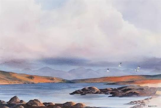 mac_seosamh's tweet image. SUNSET CONAMARA; Watercolour, 50x74cm, Private Collection, by German born, #Conamara artist Reini Gahan. Her art truly reflects the raw, untamed beauty of picturesque #Conamara, while her commitment &amp;amp; generosity in helping Galway's homeless community was always highly commendable
