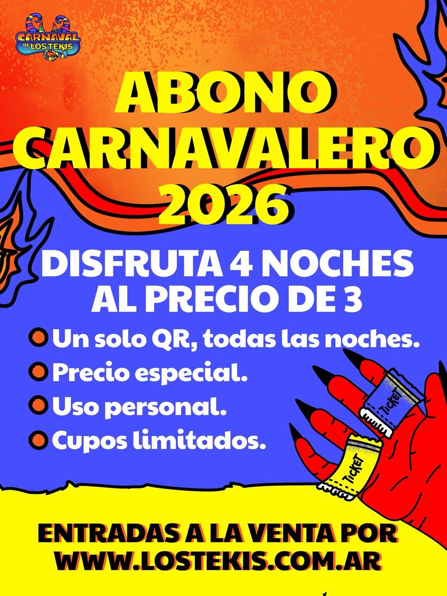 📞 No ignores el llamado.
🎟️ Las entradas para el Carnaval de Los Tekis 2026 ya están disponibles.
👺Atendé antes de que sea tarde: el Diablo no llama dos veces. 
Te vas a quedar afuera?! 
🔥 Del 13 al 16 de febrero, en San Salvador de Jujuy.

#lostekis #carnavaldelostekis #jujuy
