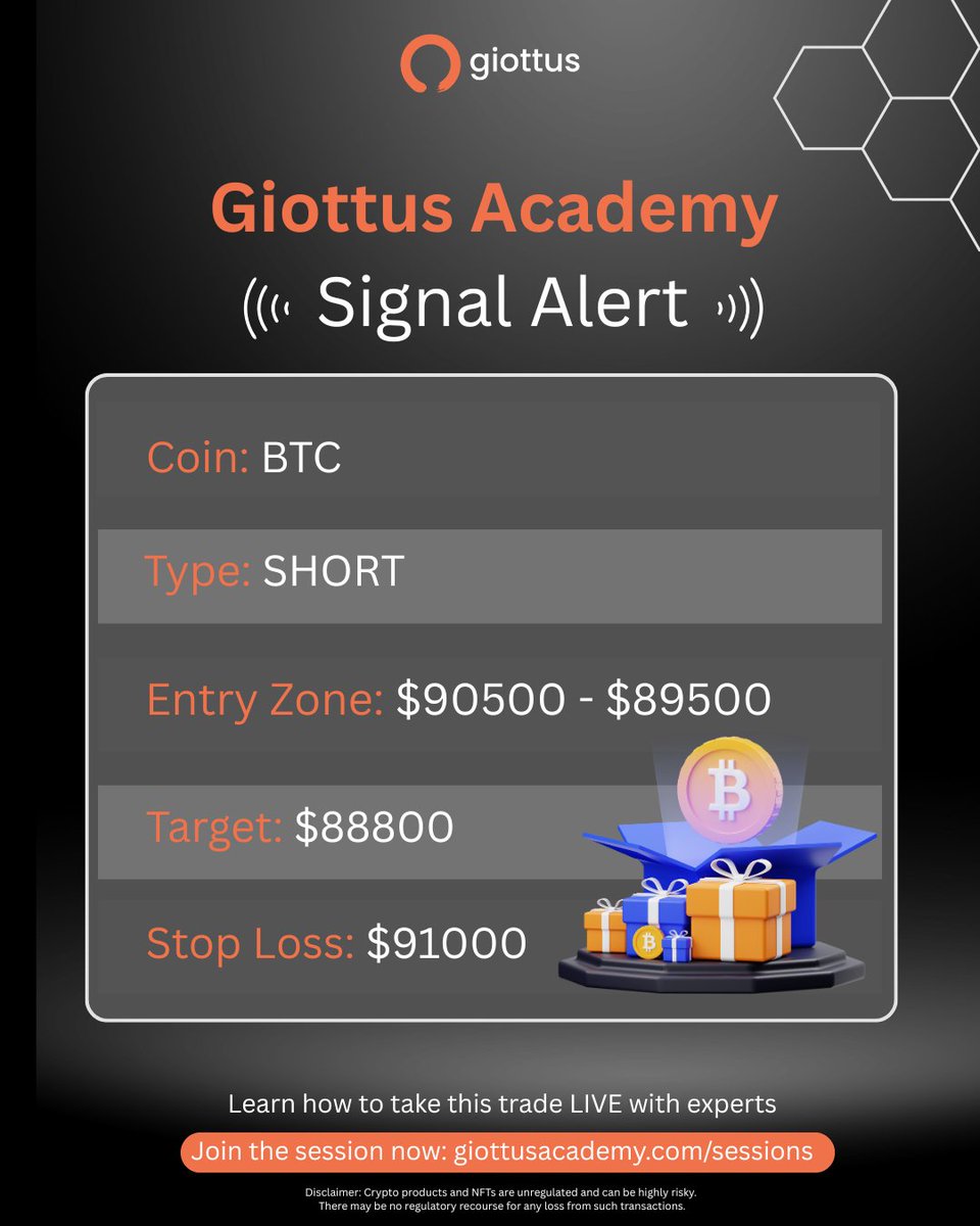 BTC SHORT signal is live ⚡ Entry: $90,500–$89,500 Target: $88,800 SL:  $91,000 Take the trade here 👉 https://t.co/q3y10olzwT #Bitcoin #BTC  #CryptoMarket