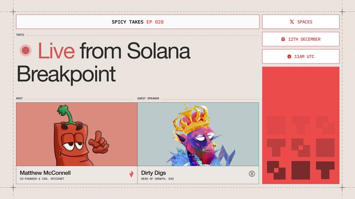 spicenet's tweet image. Hot, fresh takes coming live directly from @SolanaConf tomorrow. 🌶️

Join @Peprika_Inferno and @dirty_digs from @exo_tech_  at 11 am UTC for a recap of hottest new trends, tech, and ideas from Solana Breakpoint.