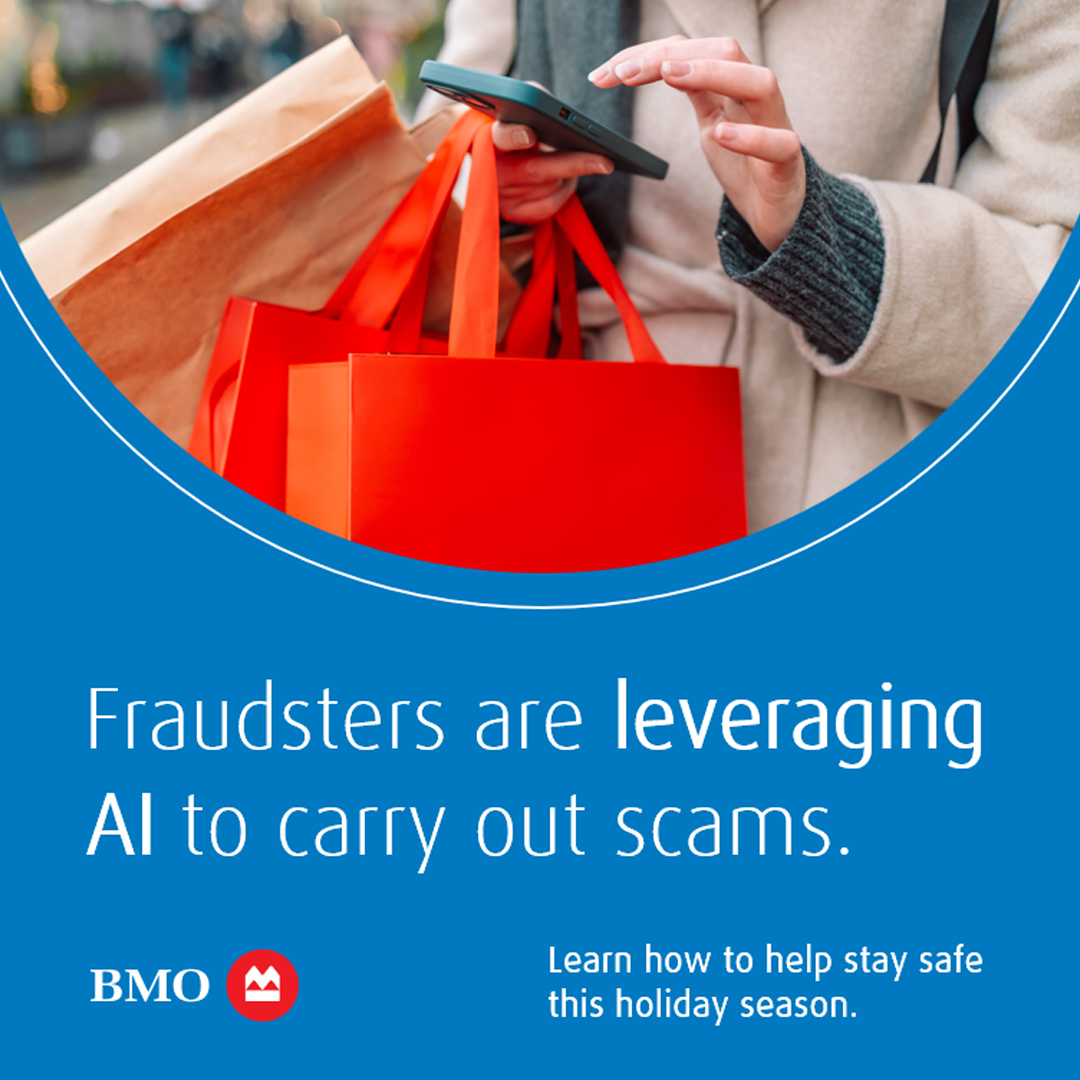 BMO's tweet image. You should know that fraud activity could be on the rise this holiday season. Larry Zelvin, Head of Security Advisory for BMO’s Financial Crimes Unit, talked to CBC News about how AI is making it easier for fraudsters to carry out scams: spr.ly/601970dwL