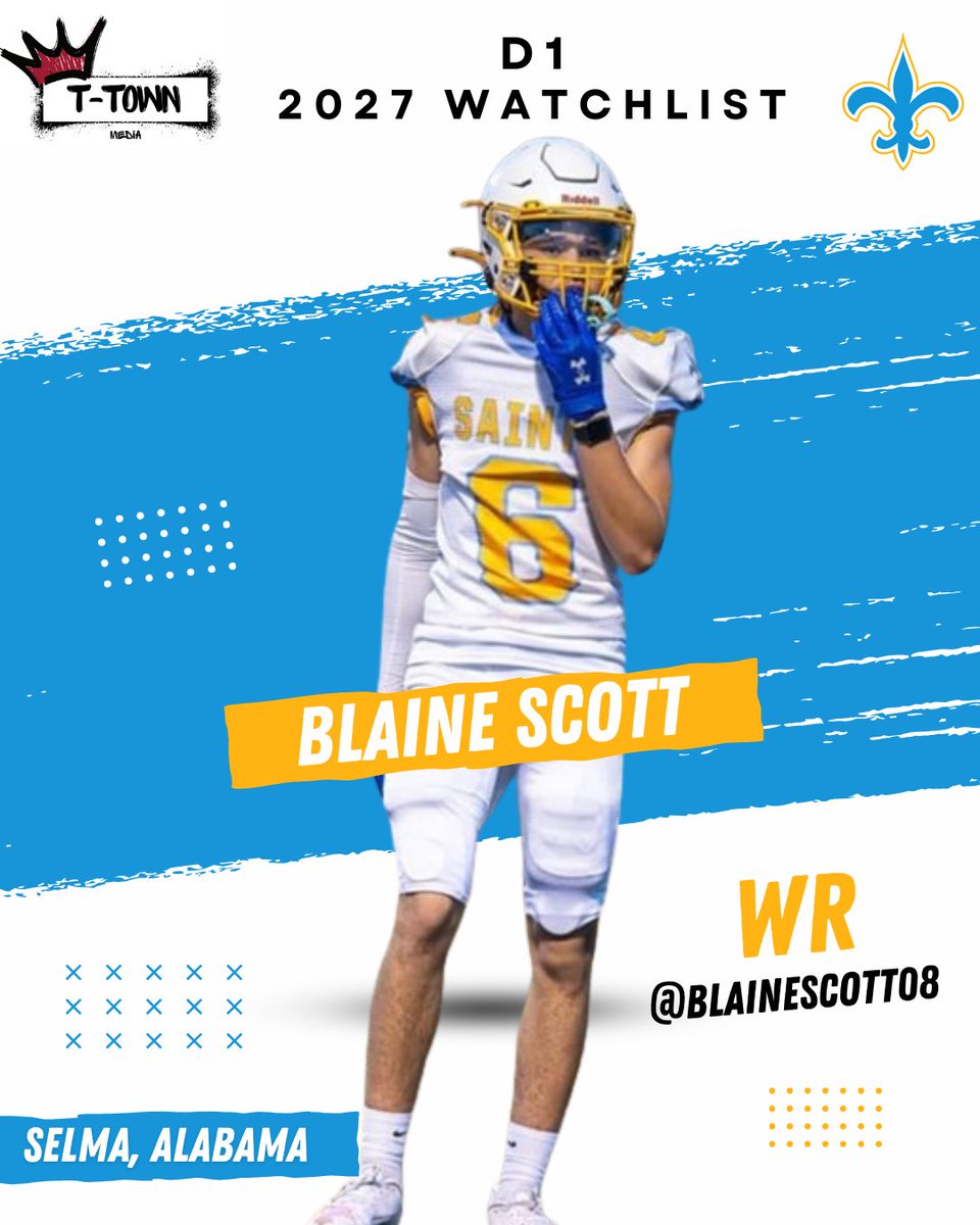 JLewis85's tweet photo. 🚨 WATCH LIST ALERT 🚨
2027 WR Blaine Scott (@BlaineScott08) from Selma (AL) has been added to our D1 Watchlist! Dynamic playmaker with major breakout potential at Selma High School. Remember the name. 👀🔥 #TTowMedia #D1WatchList
