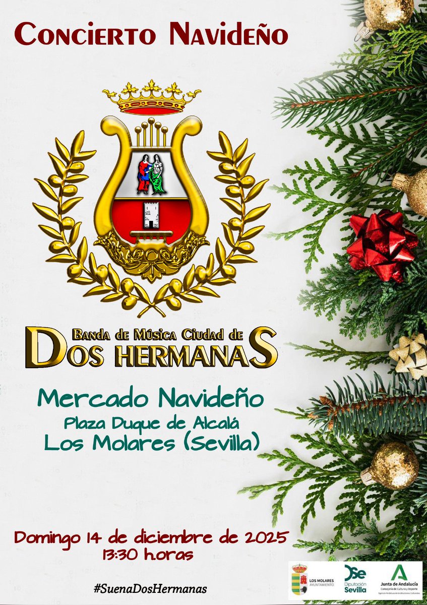 CONCIERTO 
El próximo domingo 14 de diciembre a las 13:30 h. ofreceremos un Concierto en el Mercado Navideño de Los Molares (Sevilla), plaza Duque de Alcalá. 
Organiza: Ayuntamiento de Los Molares. 
Concierto patrocinado por la Diputación Provincial de Sevilla.
#SuenaDosHermanas
