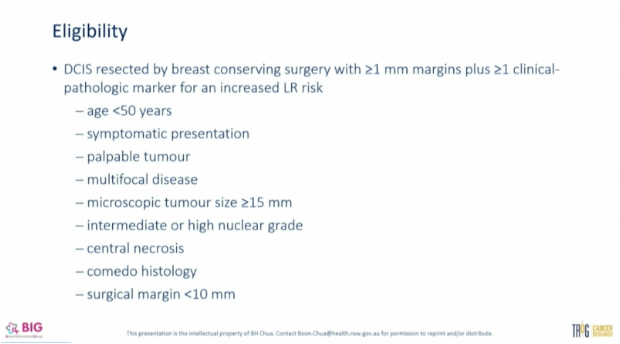 MVanMeterMD's tweet photo. Adjuvant radiation in non-low-risk DCIS

HR 0.49 with boost, benefit across subgroups
No difference in OS

3 randomizations, each evaluating +/- boost
median follow-up 10.2 yrs
Majority age 50+, unifocal, <=2 cm, margins 2+ mm 

Boon Chua @BIGxResearch @TROGfightcancer
#SABCS25 https://t.co/O08eLbwATb