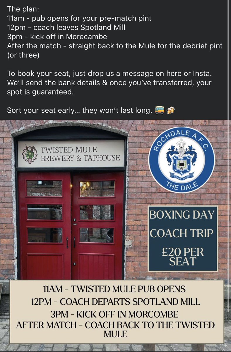 RochdaleAFCcom's tweet image. Following strong demand for the Accrington fixtures, our friends at The Twisted Mule have also put on a coach for the Boxing Day fixture at Morecambe.

Full details on their Facebook &amp;amp; Instagram pages 🚌🎅🏻

#RAFC #DaleAway