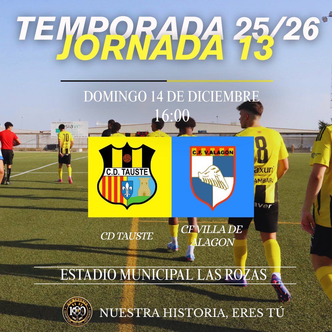 JORNADA13⚽️

Este domingo tenemos partidazo en Las Rozas🔥

Recibiremos al Villa de Alagon, segundo clasificado, en lo que será un partido de altos vuelos. Nuestro objetivo es conseguir 3 puntos que nos hagan seguir arriba y sacar ventaja. 

Os esperamos!🐝👏🏻

Aupa el Tauste🐝