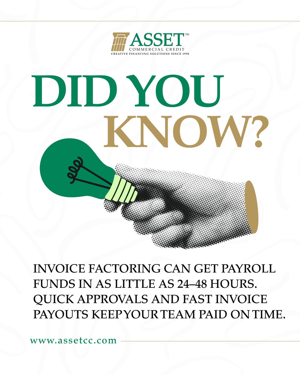 Turn unpaid invoices into fast payroll cash! Asset Commercial Credit™ ensures your business stays funded and operations run smoothly.
.
📞 Call: 1-888-255-1850 ext 201
📧 Email: sales@assetcc.com
🌐 Website: assetcc.com
📅 Schedule a meeting: calendly.com/shau.../free-b…