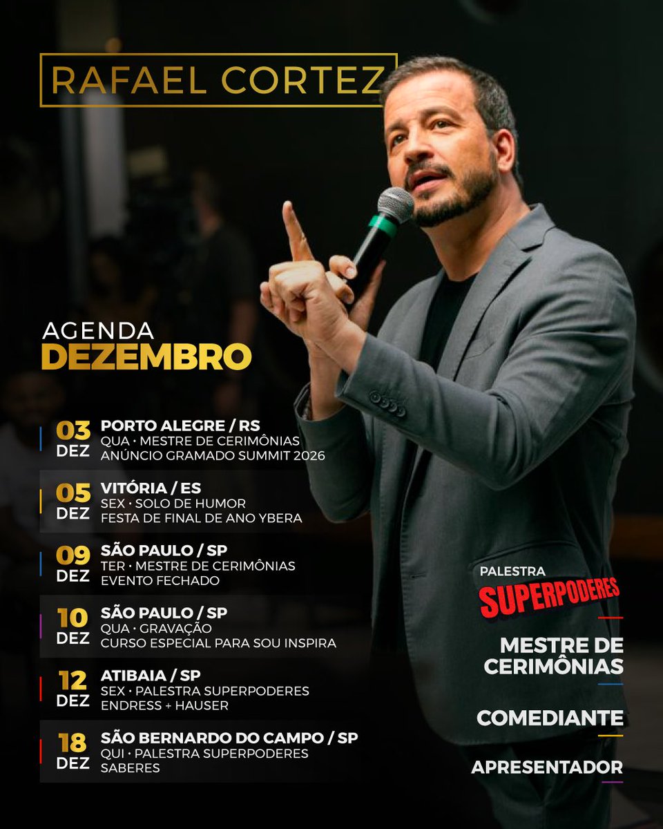 cortezrafa's tweet photo. DEZEMBRO!

Eu ando tão cansado que esqueci completamente de postar minha agenda do mês.

E, como vocês podem ver pelas datas, ela nem está tão puxada esses dias a ponto de me deixar assim, estafado. 

Mas o ano foi punk, e eu sempre dou uma “bugada” na reta final de cada um deles, hahaha!

Enfim, estou quase encerrando minhas atividades profissionais de 2025. Farei um post especial e grato sobre isso, mas já agradeço ao lindo dezembro de viagens, trabalhos e contratos mais do que especiais! 

Está sendo um mês ótimo!

#corporativo #carreira #rafaelcortez