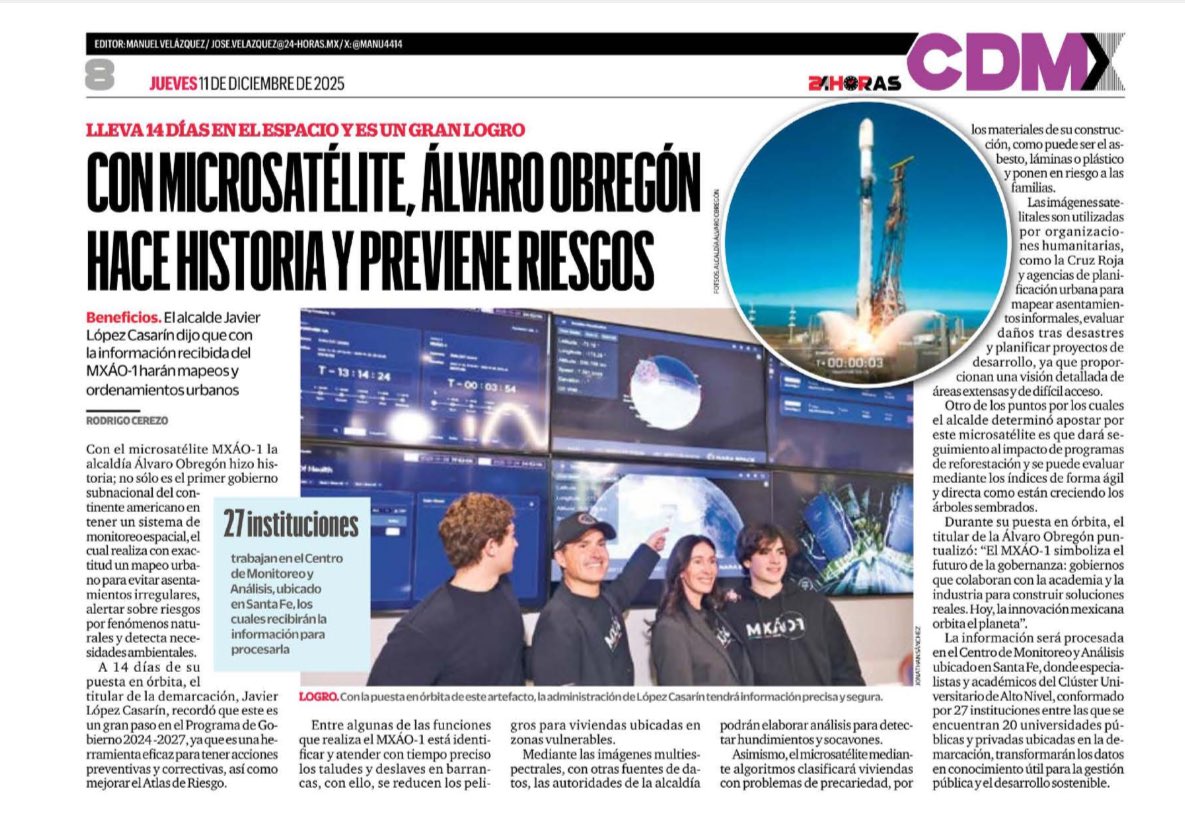 El #SatéliteMXÁO1 es un logro que marca un antes y un después para nuestra comunidad. 
 
Con el <a href="/ClusterUniver/">Clúster Universitario Alto Nivel</a> en Álvaro Obregón seguimos haciendo historia: tecnología desde lo local que hoy nos permite prevenir riesgos, fortalecer la protección civil y tomar decisiones con