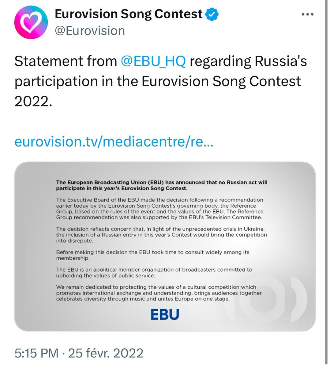 <a href="/EurovisionNewZ/">Eurovision News</a> Message to Martin Green

Russia attacked Ukraine on February 24, 2022.  

It was banned from Eurovision the very next day, February 25.  

As for Israel, still nothing after more than two years of genocide.