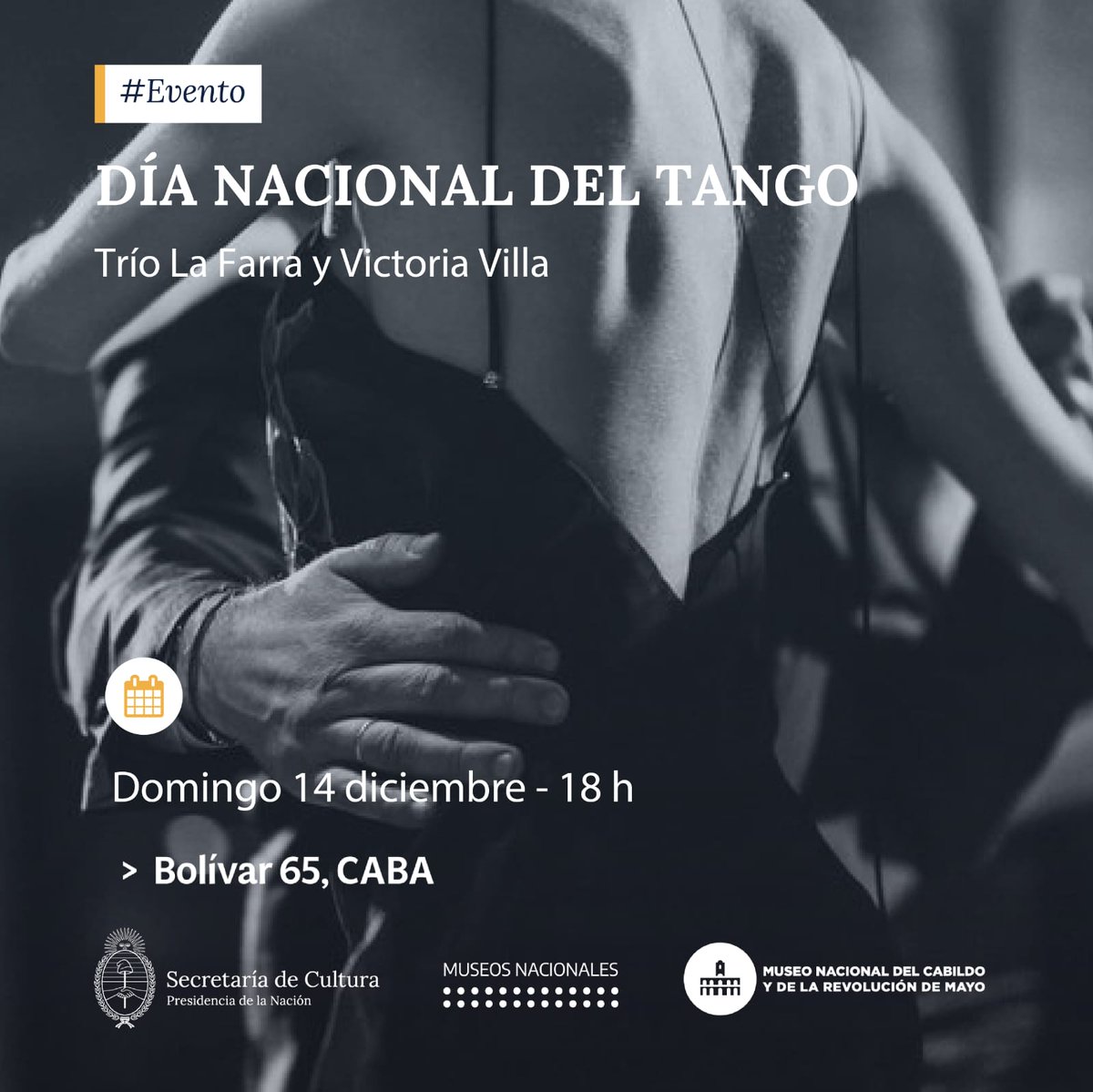 🎉 Celebramos el día nacional del Tango en el Cabildo 🪗

🎶 Con el Trío la farra y Victoria Villa. 🎵

📝 Inscribite con tu pareja para bailar en el escenario.

🌐 
forms.gle/MUztrA6ufgpC6w…

Te esperamos ‼️

🗓 Domingo 14 de diciembre 
📍 18 H.