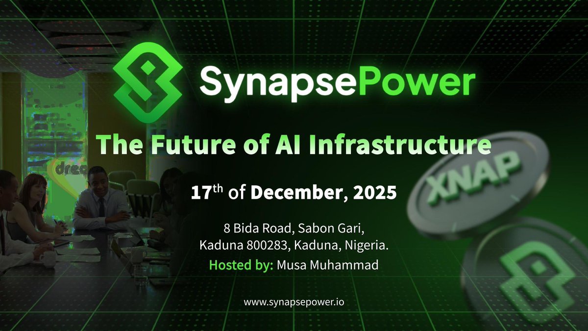 Synapsemediahub's tweet photo. The Synapse Power meetup is happening this December, and we’re bringing together builders, students and tech enthusiasts in Kaduna for a conversation about the future of AI infrastructure. This session will break down how decentralized compute is changing the way people work, learn and create across Africa.

If you’re interested in AI, Web3 or the next generation of computing tools, this is a good room to be in. We’ll talk about GPU access, real use cases for Synapse and the opportunities the ecosystem offers.

Date: 17th December 2025
Venue: Nexus Hub, 8 Bida Road, Sabon Gari, Kaduna
Host: Msquare (Synapse African community manager) 

Come ready to learn, share ideas and connect with others who are building toward the future.