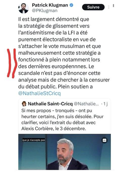Patrick Klugman, un type tellement bête qu'il enfonce davantage elle et lui 
Donc si cette stratégie selon lui a marché si les musulmans ont répondu oui à cette sollicitation antisémite de la FI c'est logiquement parce qu'ils sont déjà antisémites sinon comment expliquer ça ?