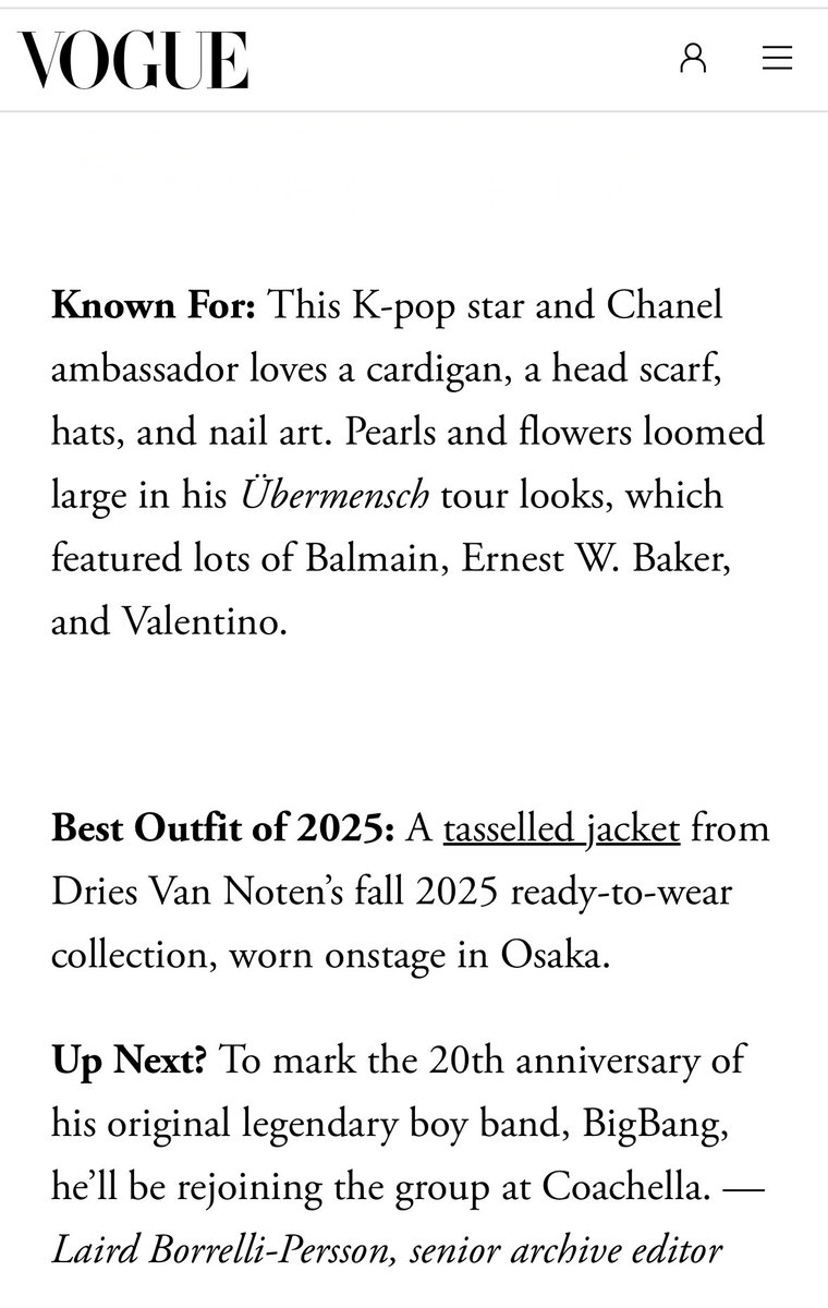 Vogue names #GDRAGON in The Best-Dressed People of 2025. 

He is the ONLY Asian celebrity selected in this list. 

A big congratulation!
