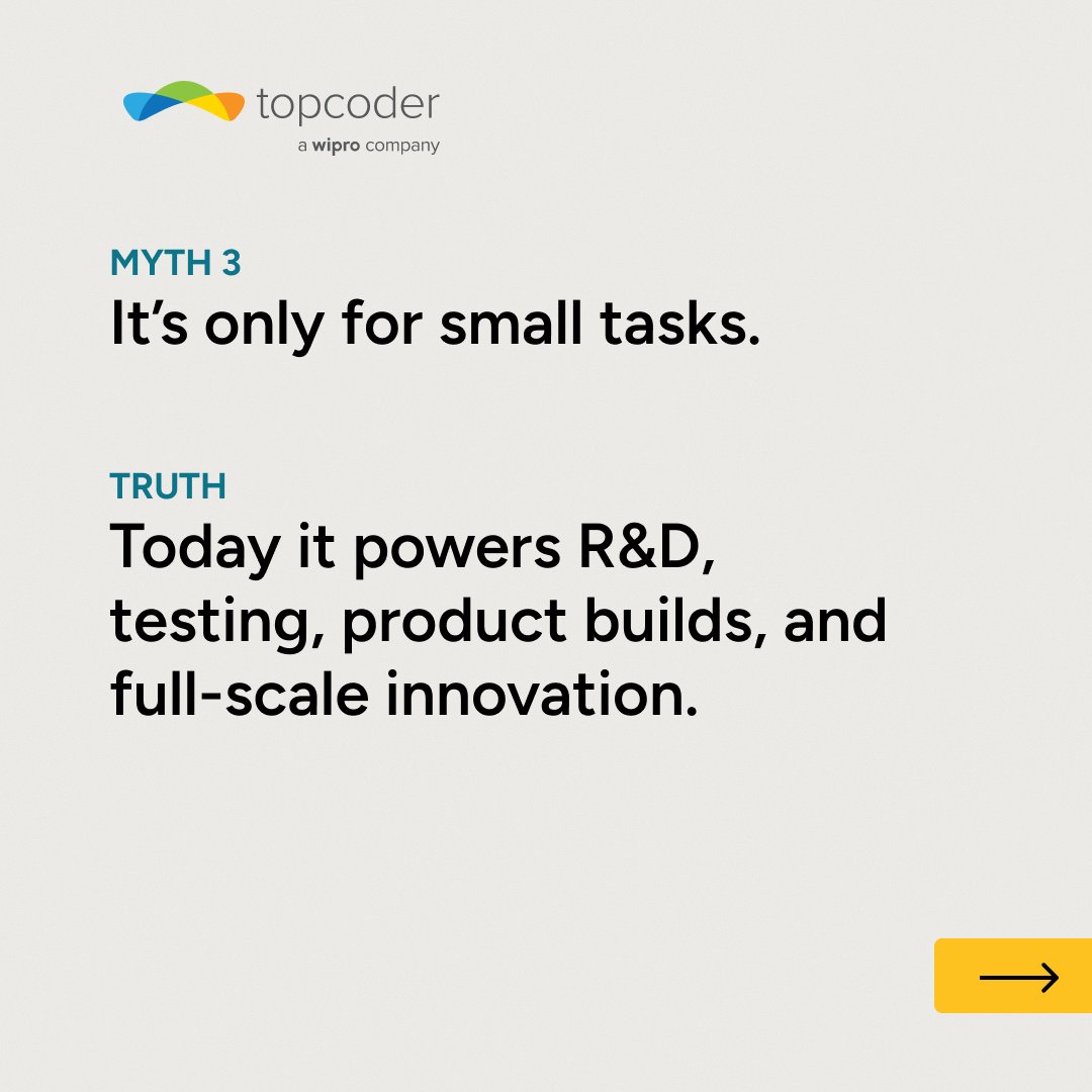 Topcoder's tweet image. 3 Crowdsourcing Myths (And What People Get Wrong)

Crowdsourcing gets a bad reputation - people think it’s risky, small, or replaceable by AI.

But the truth? It’s one of the fastest ways to spark innovation and tap into global talent.

Don’t let myths hold you back!

#Topcoder