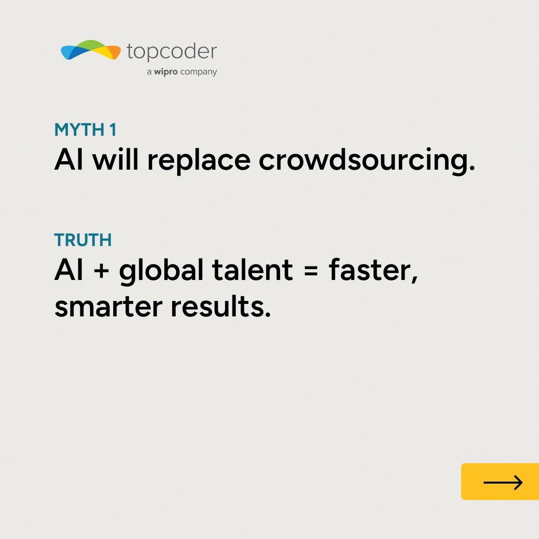Topcoder's tweet image. 3 Crowdsourcing Myths (And What People Get Wrong)

Crowdsourcing gets a bad reputation - people think it’s risky, small, or replaceable by AI.

But the truth? It’s one of the fastest ways to spark innovation and tap into global talent.

Don’t let myths hold you back!

#Topcoder