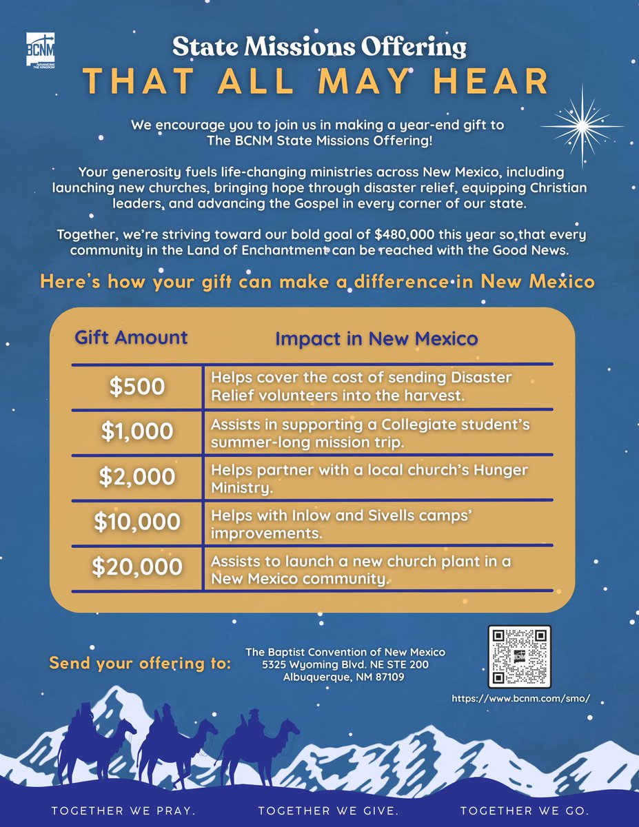 BCNMatWork's tweet photo. As the year wraps up, we invite you to prayerfully consider giving to the BCNM State Missions Offering.

Your generosity fuels real ministry—strengthening churches, supporting disaster relief, investing in the next generation, and advancing the Gospel across New Mexico. https://t.co/dNKfRLvoV6