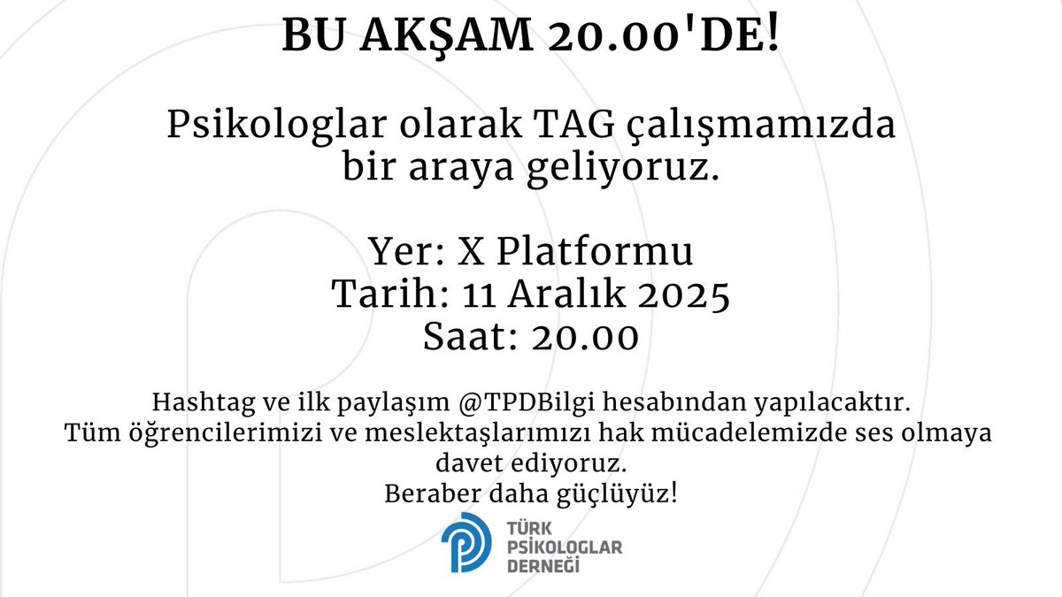📢 Değerli Meslektaşlarımız,

Bu akşam 20.00’de psikologlar olarak TAG çalışmamızda mesleki haklarımız için ortak bir ses olmak ve dayanışma içinde daha güçlü durmak üzere bir araya geliyoruz. Davetimizi tüm meslektaşlarımıza iletip WhatsApp ve Telegram gruplarında duyurarak daha