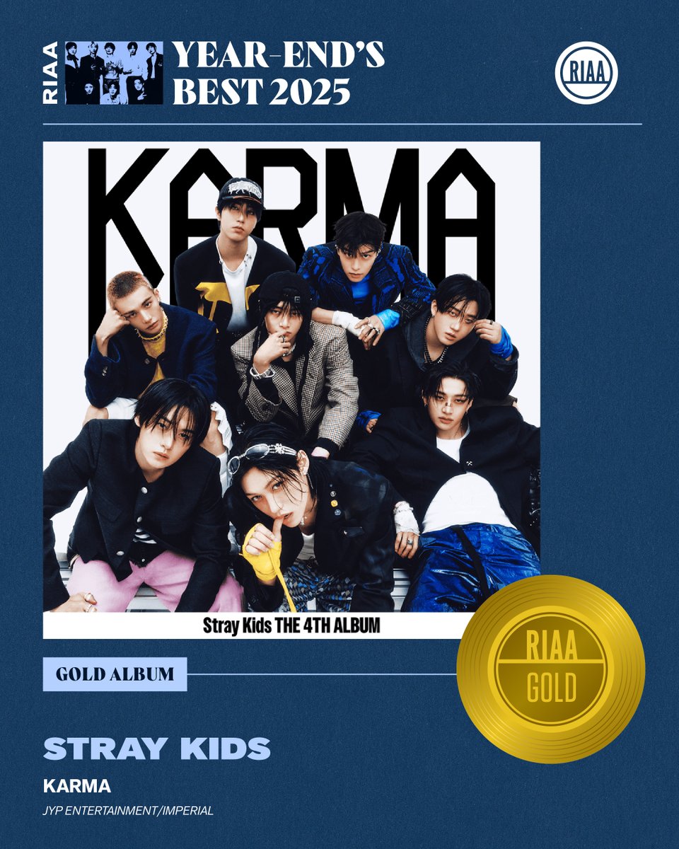 RIAA's tweet photo. + #RIAATopCertified 2025 Gold Albums
"Karma" &amp; "Hop" @Stray_Kids  @jypnation https://t.co/mdUd3roRYI