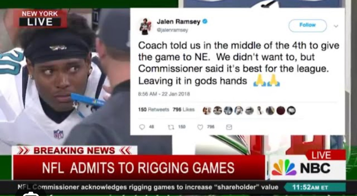 BeholdPaleH0rse's tweet image. Current Rams CB Jalen Ramsey tweeted in 2018 that his coach said that the Jaguars had to lay down and lose to the Patriots because it was best for the league. Yes the tweet is real. #NFLfake #NFLWWE
