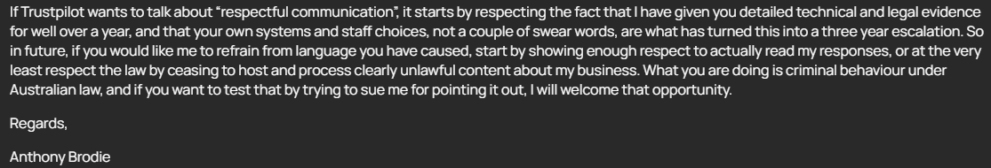LegionKillfeed's tweet photo. Sent @Trustpilot a detailed cease-and-desist over fake “reviews”. Their response? Lecture me about “respectful communication”, ignore the evidence, keep the same unlawful crap online… then clutch their pearls because I swear.. @elonmusk I think we've got under 16 @TrustieSupport https://t.co/uPDNtIVvr7