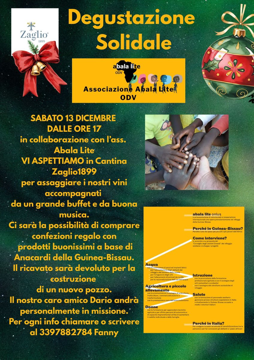 Tempo di degustazioni solidali!
#AbalaLiteONLUS organizza per sabato prossimo 13 dicembre un'iniziativa benefica per sostenere i suoi progetti.
Appuntamento per le ore 17 presso la Cantina Zaglio1899 di #Picedo (BS).
#Eventi by xlestrade.org/eventi/