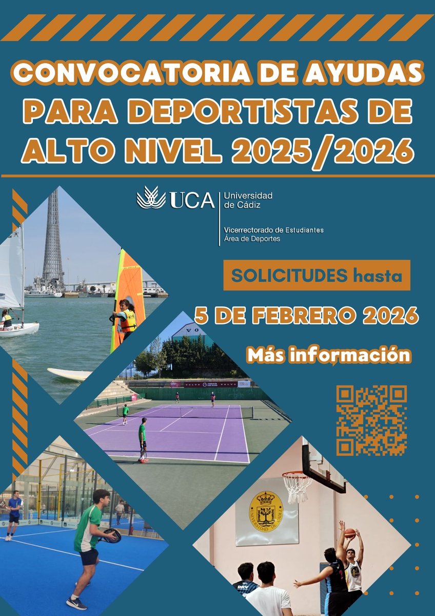 Se abre el plazo de convocatoria de las Ayudas para Deportistas de Alto nivel Universidad de Cádiz 25-26🏋️‍♀️⛹️‍♂️🤺🚴‍♀️

Plazo de presentación de solicitudes desde el 11 de diciembre de 2025 hasta el 5 de febrero de 2026📅

Más info en:
areadeportes.uca.es/ayudas/

<a href="/univcadiz/">Universidad de Cádiz</a>