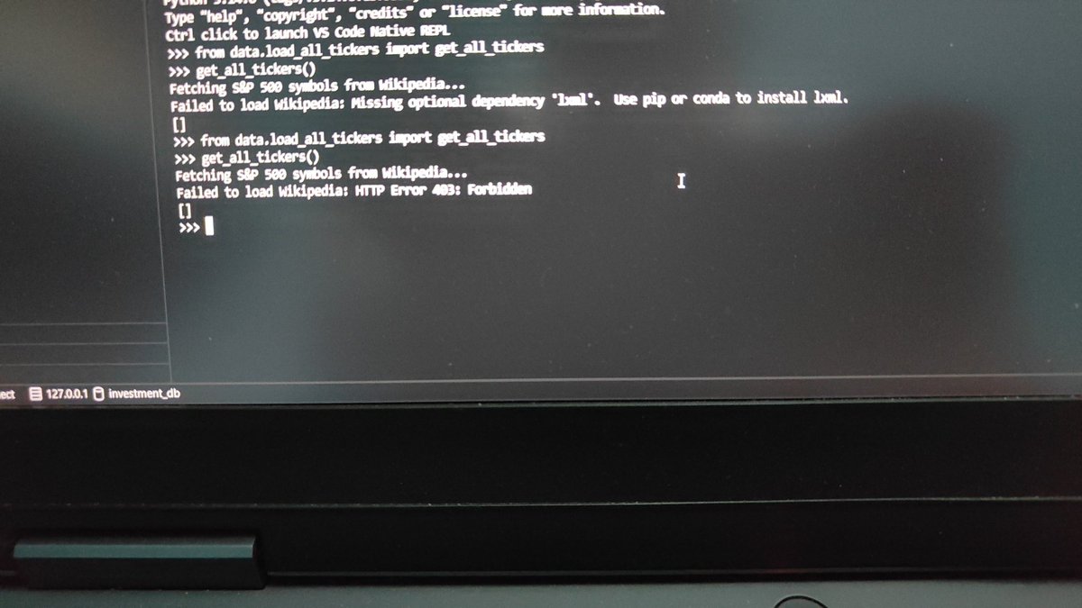 syn_engineer's tweet image. I am building a project called &quot;QuantumStat.&quot; Here I&apos;m trying to fetch Yfinance API and download all the datasets. 
Problem: my network is preventing me from downloading the data. Can anyone help me figure this out?
#codingproblems #codingadvice #codingprojects #PersonalGrowth