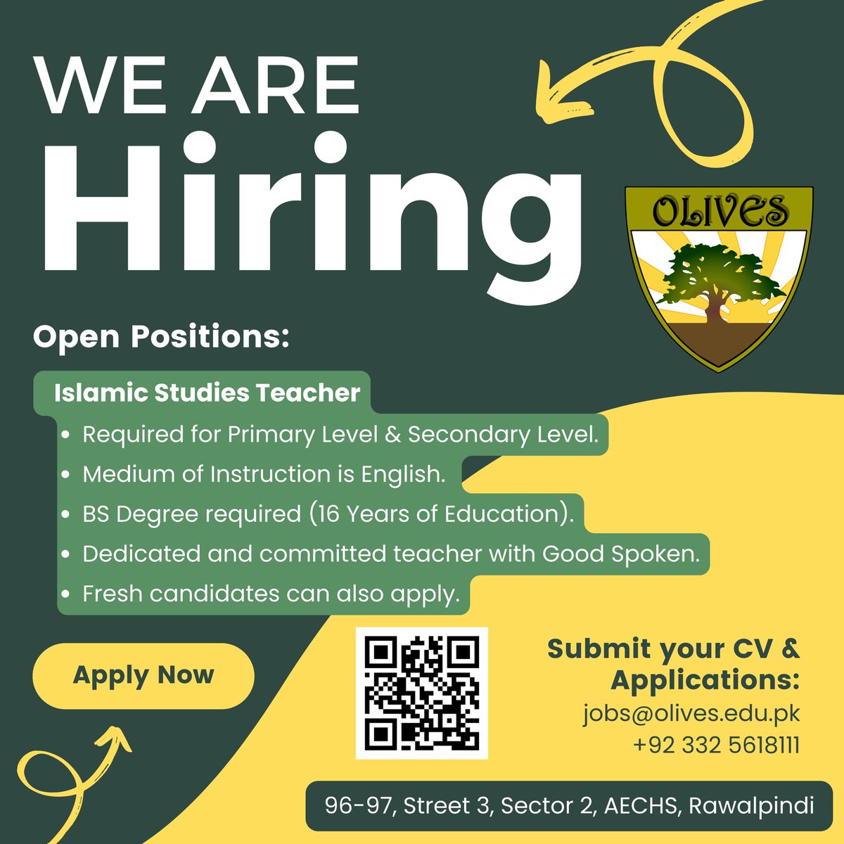 OlivesSchool's tweet photo. 📢 We’re Hiring!

Olives School is looking for passionate and dedicated Islamic Studies Teachers for Primary and Secondary levels. 

If you’re committed, motivated, and eager to inspire young minds, we’d love to hear from you!

📩 Apply now at jobs@olives.edu.pk https://t.co/vurH4pEuH1