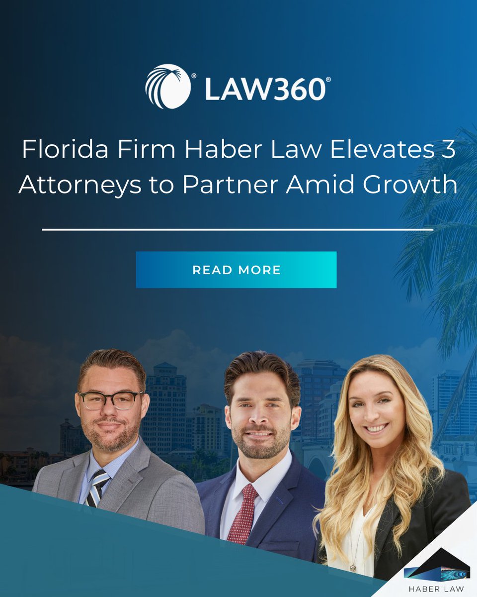 Kyle Alonso, Annie Schneider, and Justin Smith have been elevated to Partner at Haber Law, reflecting the firm’s continued growth and strengthened leadership across South Florida.

Read more: haber.law/florida-firm-h…