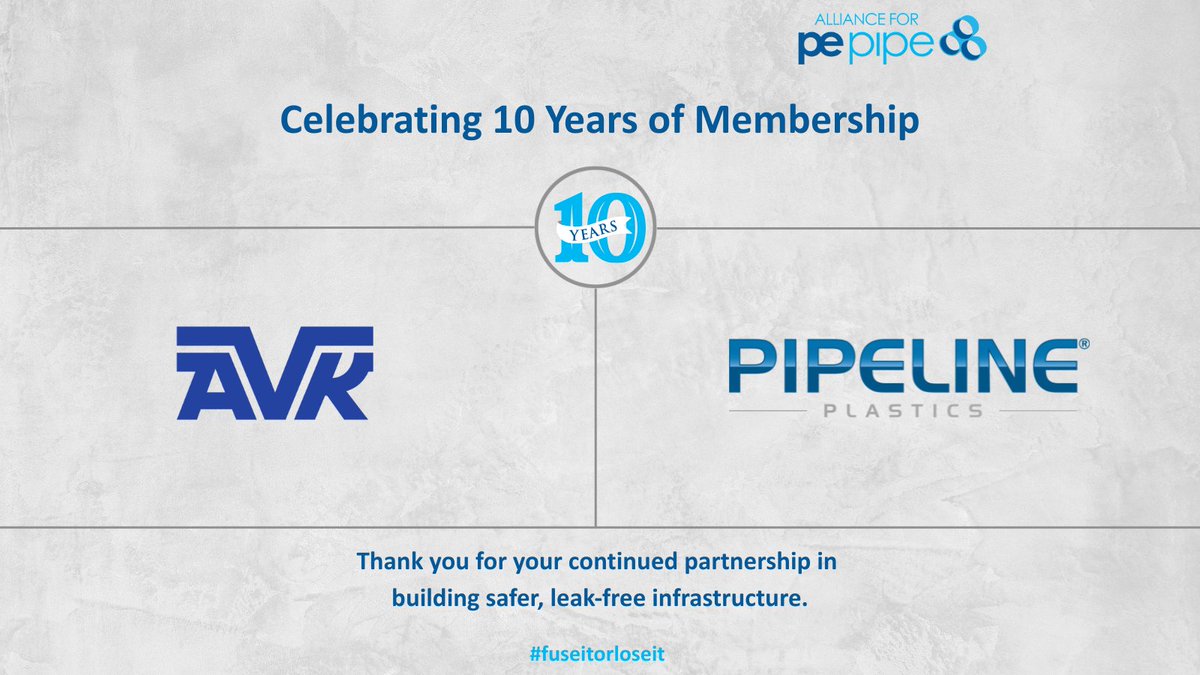 We are proud to recognize AVK and Pipeline Plastics for 10 years of membership and support. Their dedication to quality, education and HDPE adoption continues to strengthen resilient infrastructure across North America. Thank you for your partnership.
#fuseitorloseit #HDPEpipe