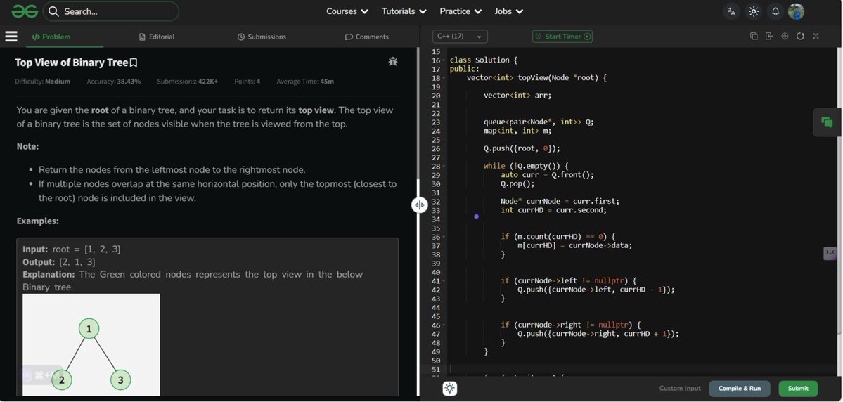 RahulDas242007's tweet image. Learned and solved two twin problems &quot;top view and bottom view of a binary tree&quot; on @geeksforgeeks 🧑‍💻

#CodingJourney #codingproblems  #DSA