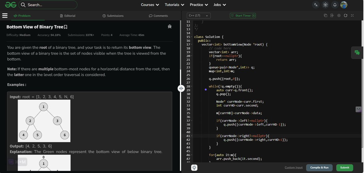 RahulDas242007's tweet image. Learned and solved two twin problems &quot;top view and bottom view of a binary tree&quot; on @geeksforgeeks 🧑‍💻

#CodingJourney #codingproblems  #DSA
